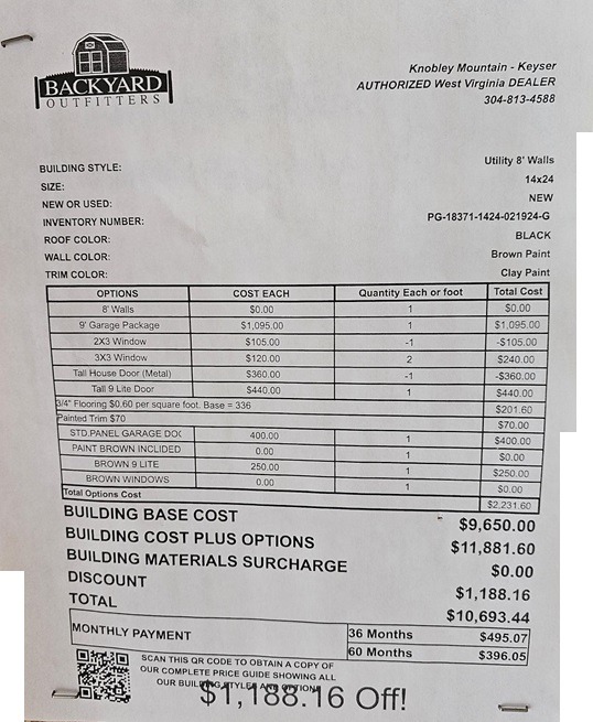 14x24 Garage Utility price tag