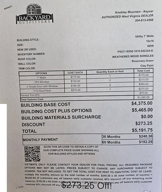 10x16 Utility sale price