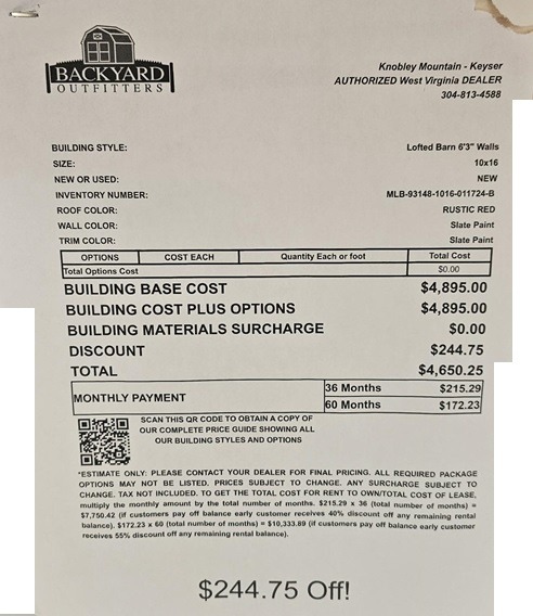 10x16 lofted barn sale price