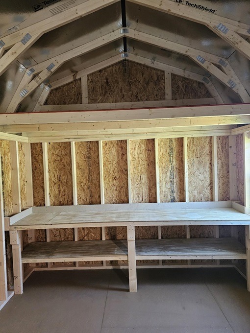 10x16 lofted barn with 10 foot bench