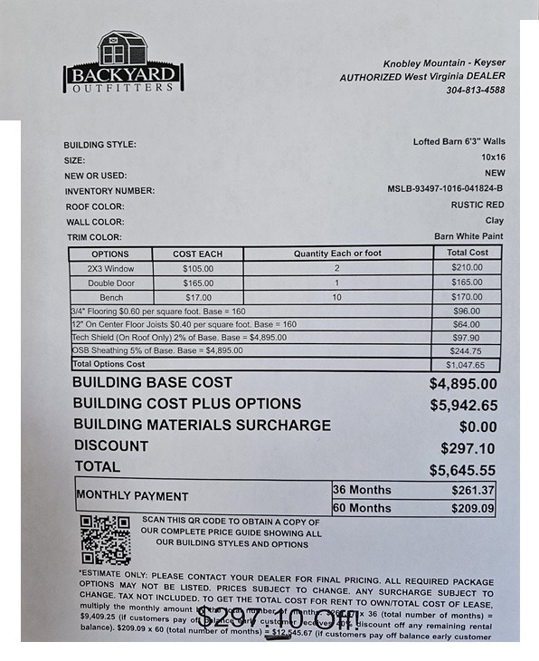 10x16 lofted barn sale price