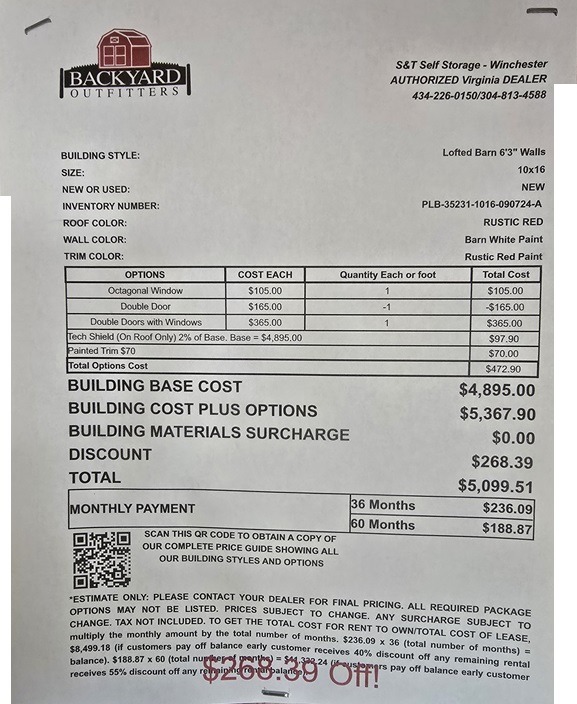 10x16 lofted barn on sale price