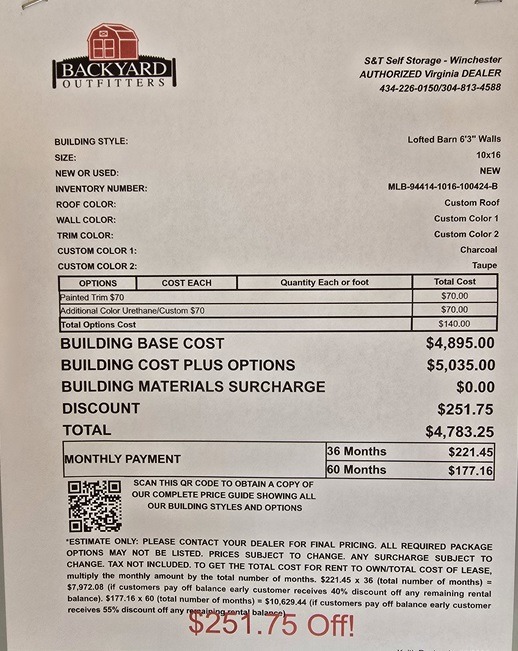 10x16 lofted barn sale price