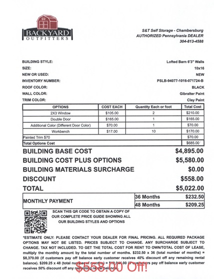 10x16 lofted barn sale price