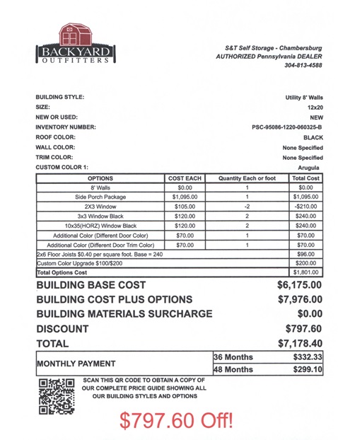 12x20 utility with side porch sale price