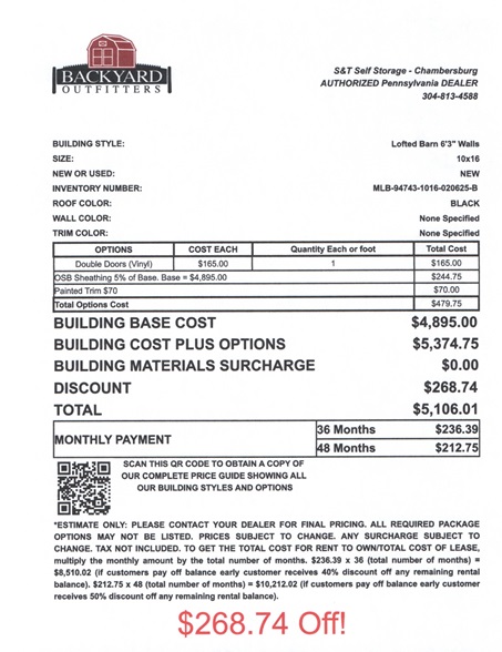 10x16 lofted barn sale price