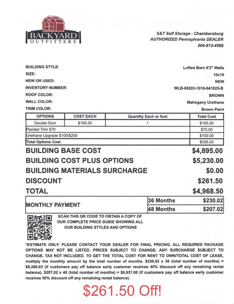 10x16 lofted barn sale price
