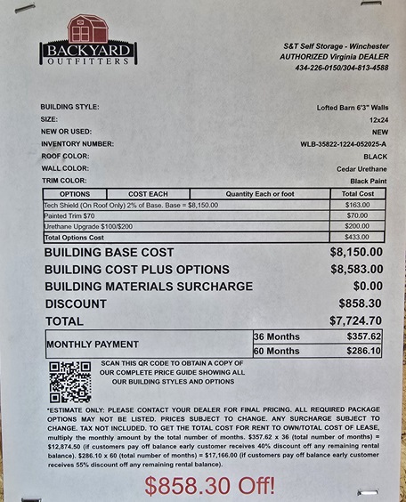 12x24 lofted barn sale price