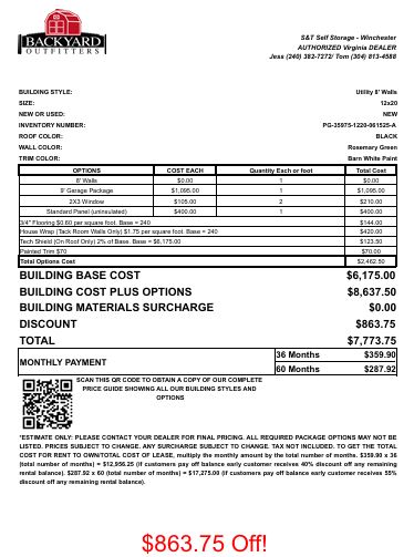 12x20 garage utility sale price