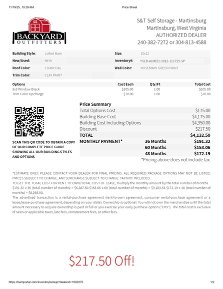 10x12 lofted barn on sale price in West Virginia