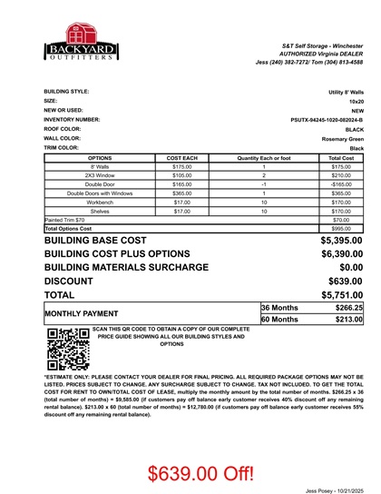 10x20 utility on sale price