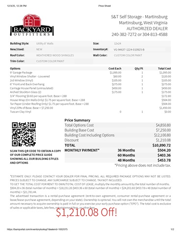 12x24 vinyl garage sale price in Martinsburg WV