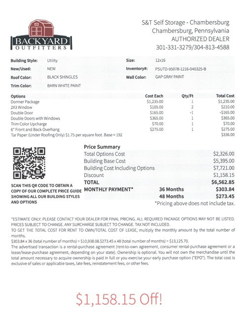 12x16 utility with dormer on sale price