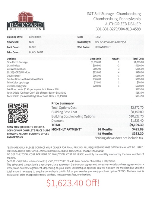 12x24 lofted barn with side porch on sale price