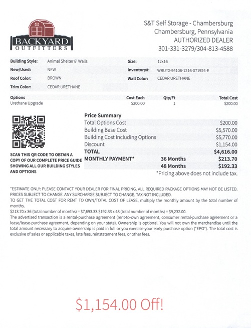 12x16 animal shelter on sale price