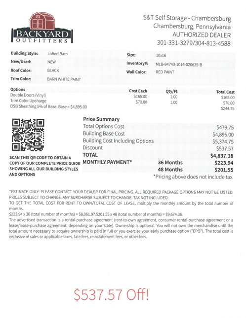 10x16 lofted barn on sale price