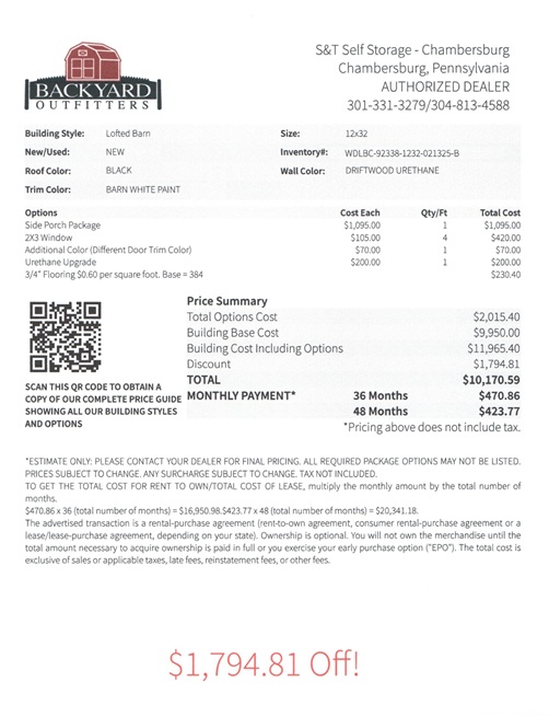 12x32 lofted barn with side porch on sale price