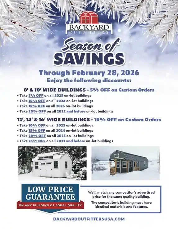 February discount sale on storage sheds, barns, cabins, carports, garages VA WV PA MD up to 25% OFF