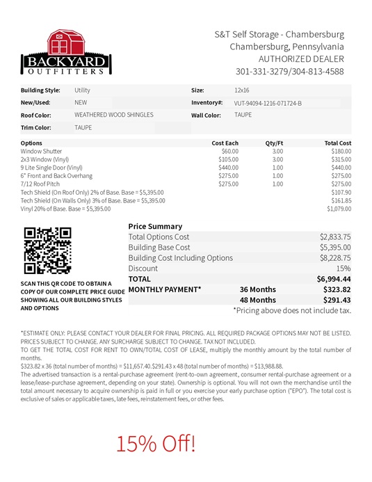 12x16 utility on sale price