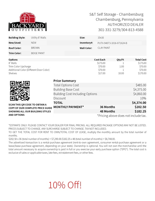 10x16 utility shed on sale price