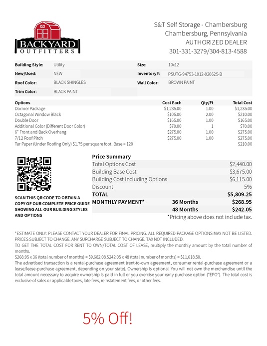 10x12 utility with dormer on sale price