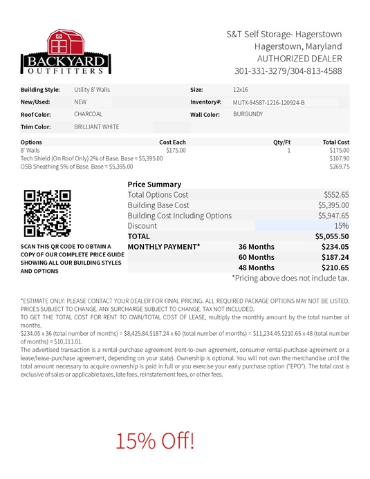 12x16 utility on sale price