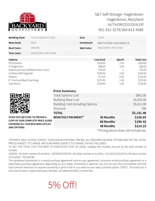 10x16 animal shelter with tack room on sale price