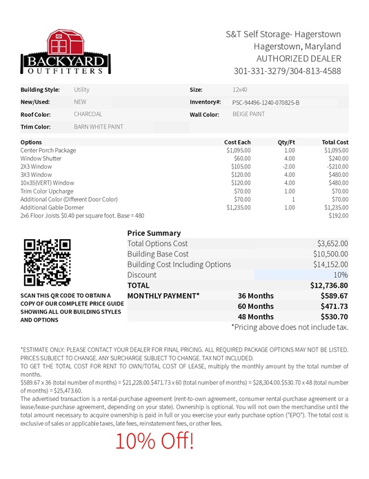 12x40 utility shed with center porch on sale price