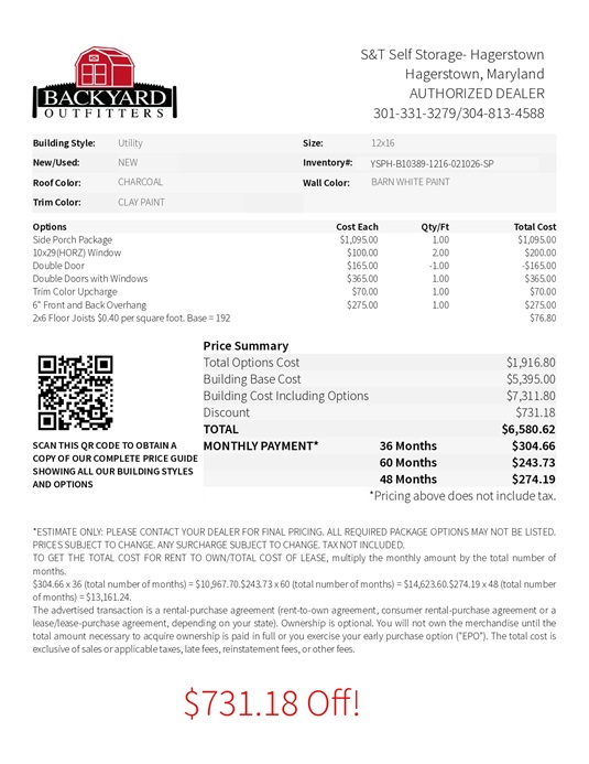 12x16 utility with side porch on sale price