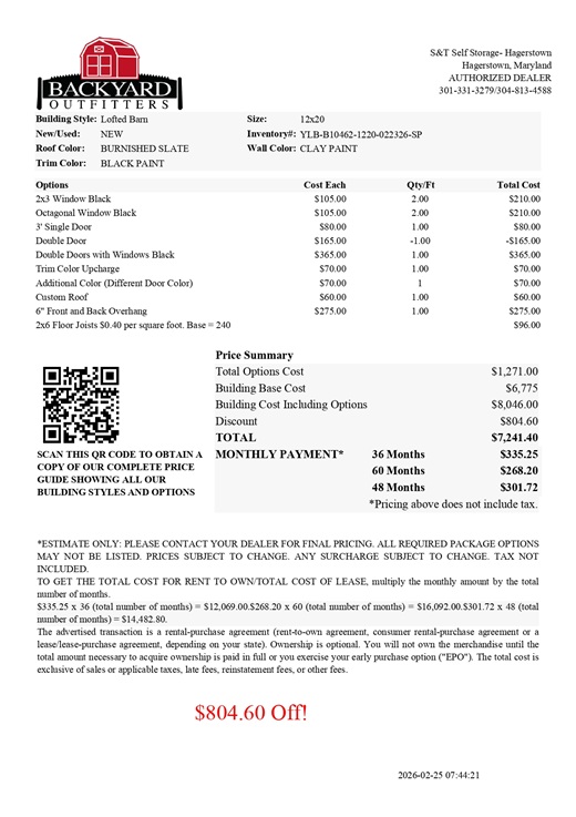 12x20 lofted barn on sale price