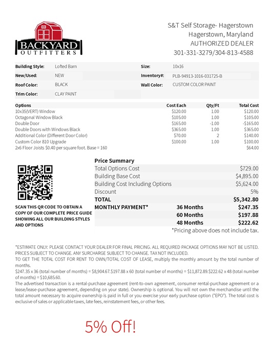 10x16 lofted barn on sale price
