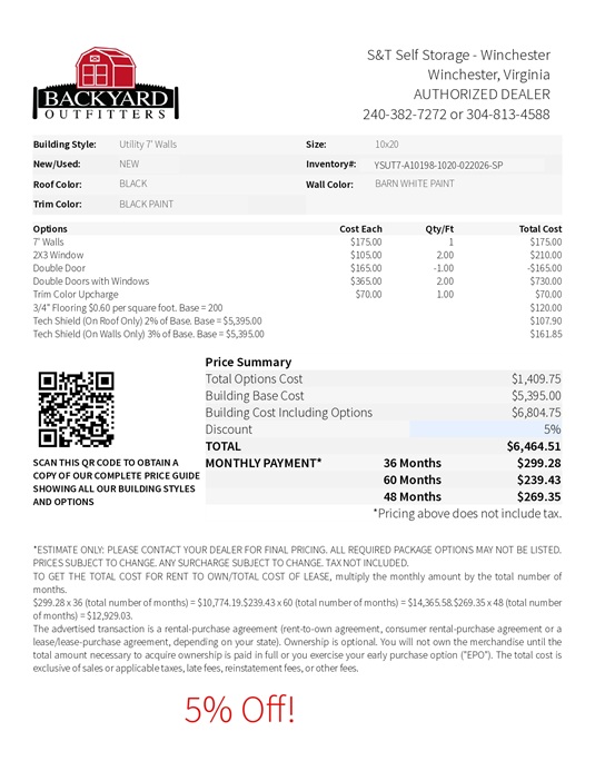 10x20 utility with 7 foot walls on sale price