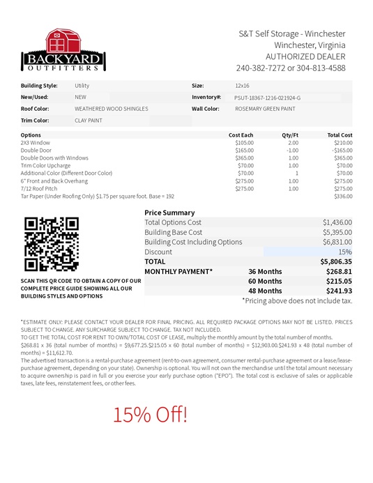 12x16 Utility Shed on sale price