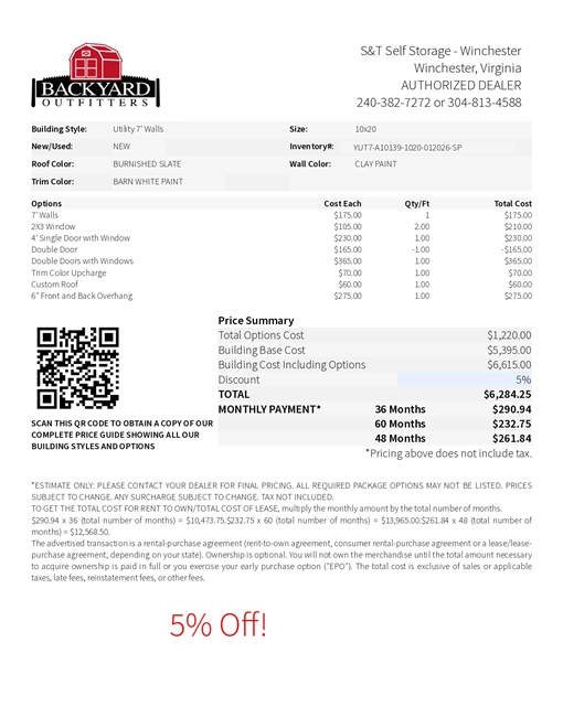 10x20 utility with 7 ft walls on sale price