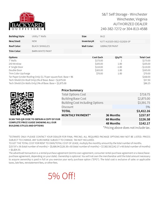 8x12 utility with 7 foot walls on sale price