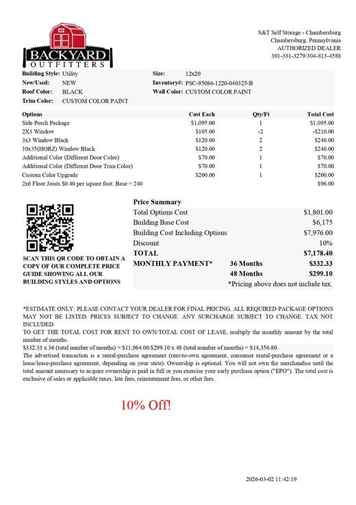 12x20 utility with side porch on sale price