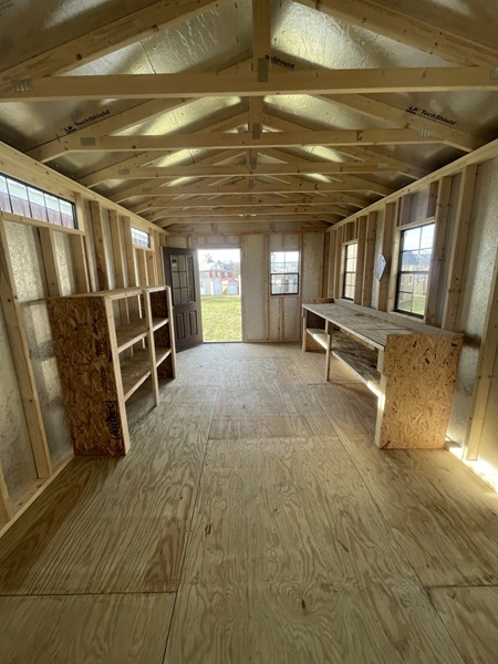 shelves and workbench inside