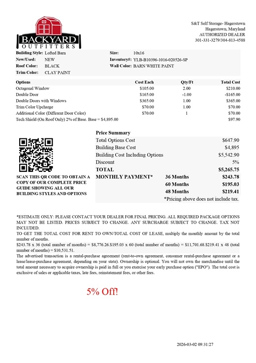 10x16 lofted barn on sale price