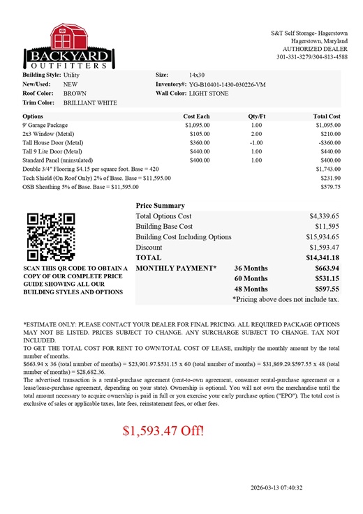 14x30 garage with extra options on sale price