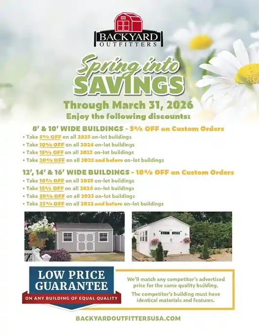 March discount sale on storage sheds, barns, cabins, carports, garages VA WV PA MD up to 25% OFF