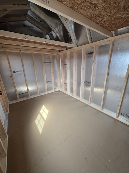 8x12 lofted barn with metal siding and tech shield on roof and walls