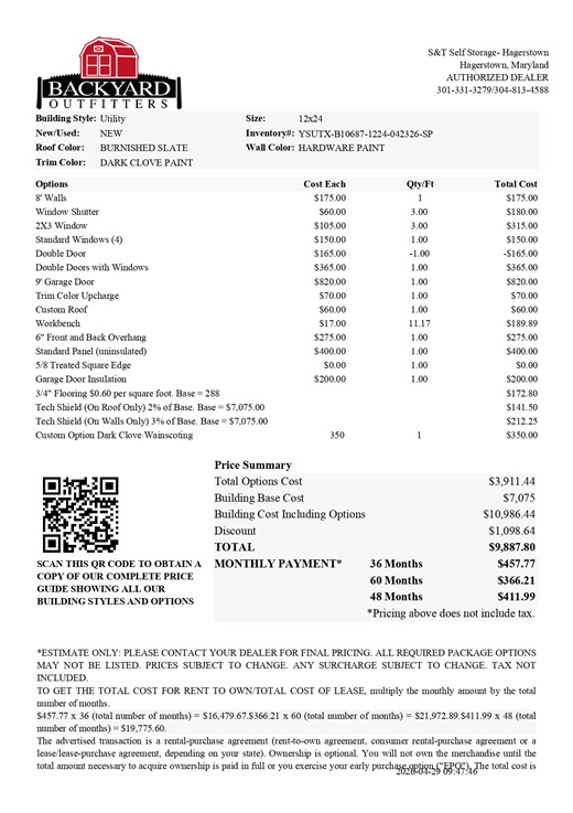 12x24 garage utility on sale price in Maryland