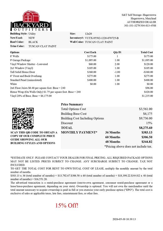 12x20 vinyl garage utility on sale price