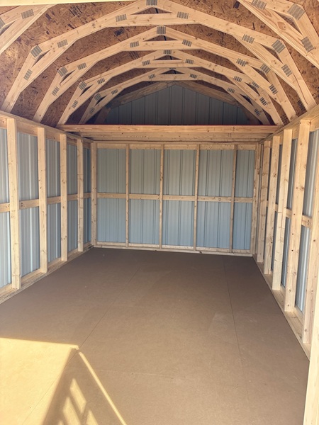 10x16 lofted barn with metal siding look inside