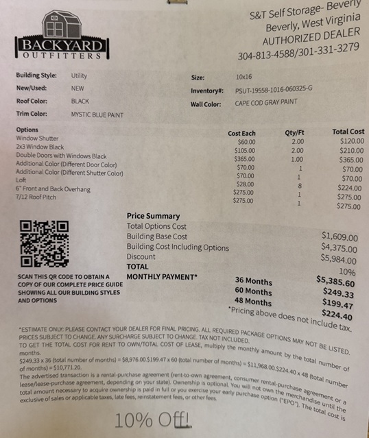 10x16 utility on sale price in WV