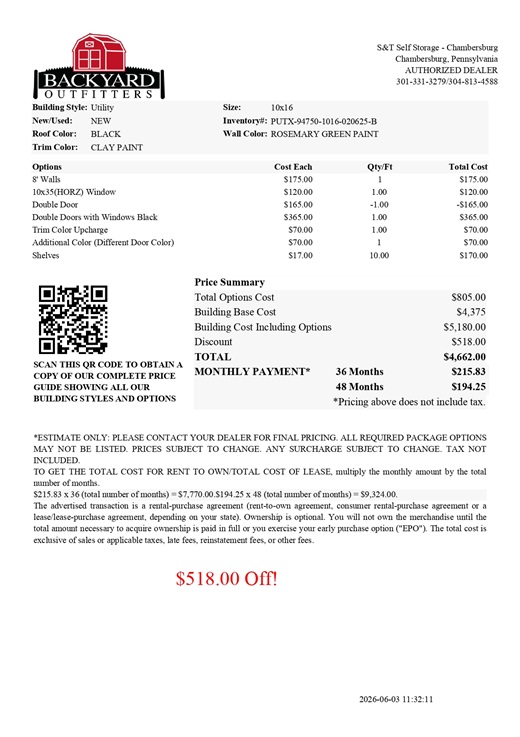 10x16 utility on sale price in PA