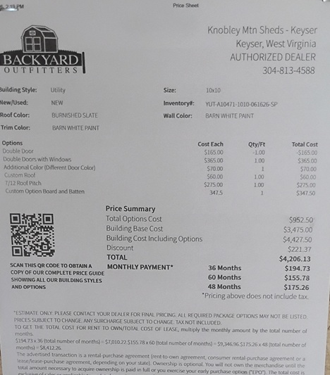 10x10 utility on sale price in WV