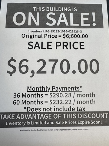 rent to own 10x16 utility with 8 foot garage package in WV