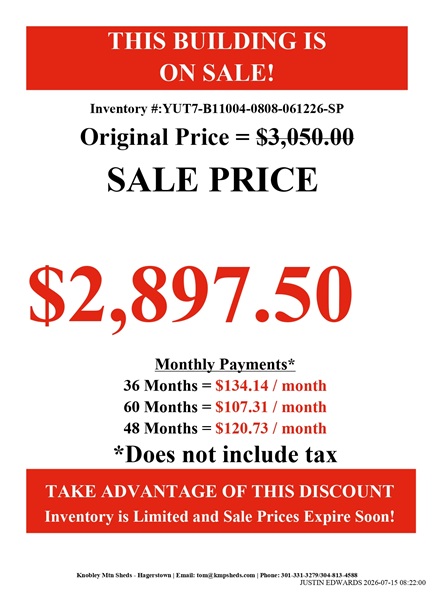rent to own 8x8 utility shed with 8 foot walls in MD