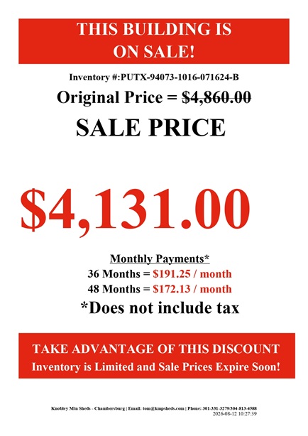 rent to own 10x16 utility shed with 8 foot walls in PA